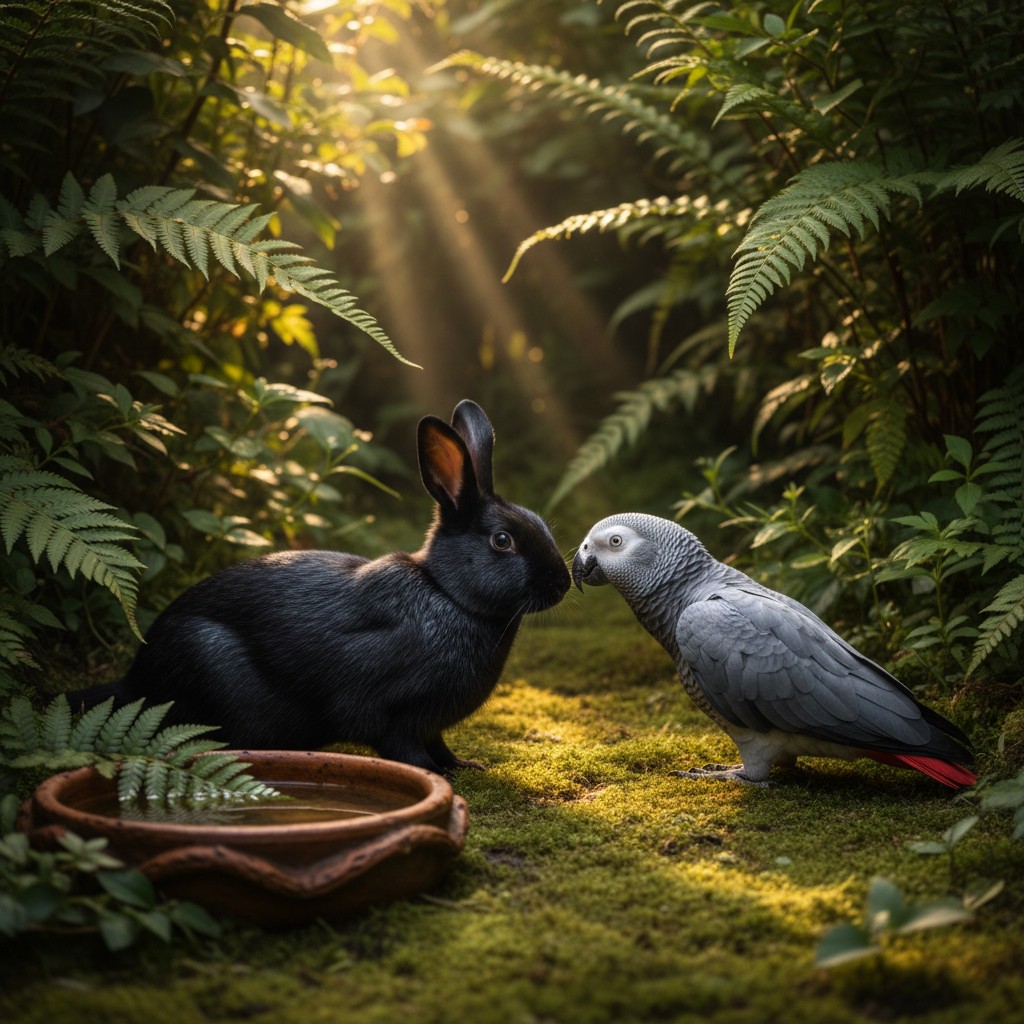 A gray, black, and white parrot and a black rabbit standing on moss, facing toward each other with a clay bowl in front of...