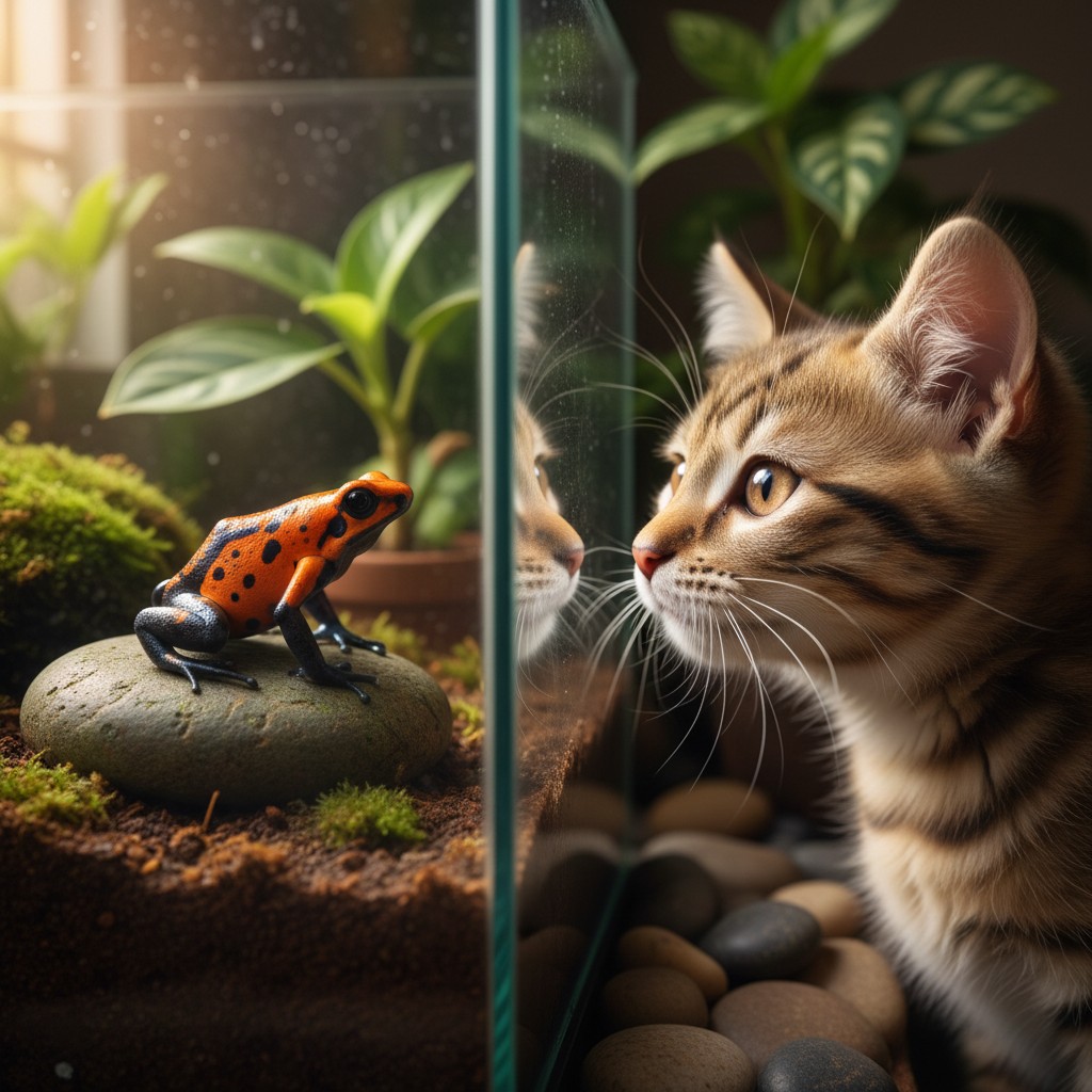brown tabby kitten looking in terrarium at brown-and-orange frog perched on round dark gray rock in rich soil, terrarium, ...