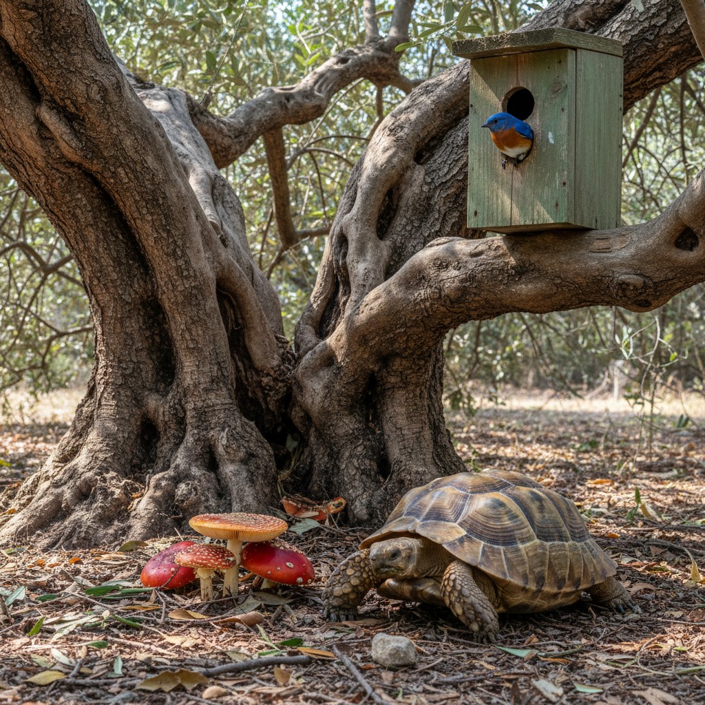 A tortoise walks in front of a tree with a birdhouse and three red mushrooms.