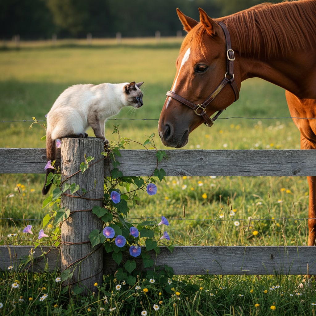 A white cat sits on a wooden post, looking at a brown horse, in a grassy field in front of a wire fence with purple flower...